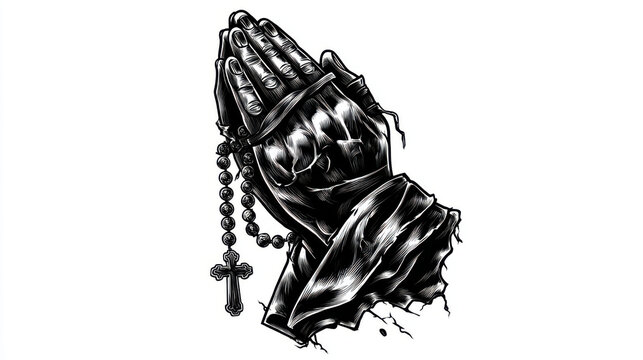 Praying hands with rosary beads, a symbol of faith and devotion. This image depicts clasped hands holding a rosary, a powerful symbol of prayer and religious devotion within Christianity.
