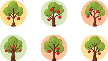 Apple tree icon set with colorful circular backgrounds representing nature harvest organic food gardening education and eco friendly illustration concepts