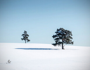 Snowy field, two pines, clear sky, minimal landscape