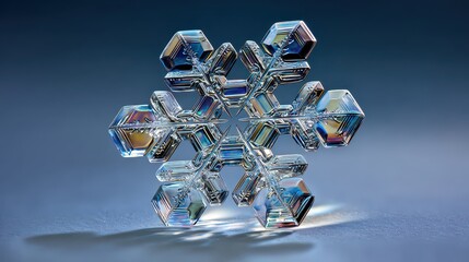 Detailed Macro Photograph of a Single Clear Snowflake with Symmetrical Six Point Structure on a Textured Blue Gradient Background Revealing Iridescent Colors