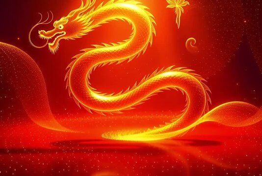 A glowing, golden dragon coiled in a fiery red and orange abstract background with shimmering light effects.