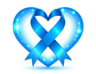 A vibrant blue ribbon encircles a heart shape,  glowing with light
