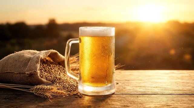 Cold Beer Mug, Grains, and Wheat on Rustic Table at Sunset