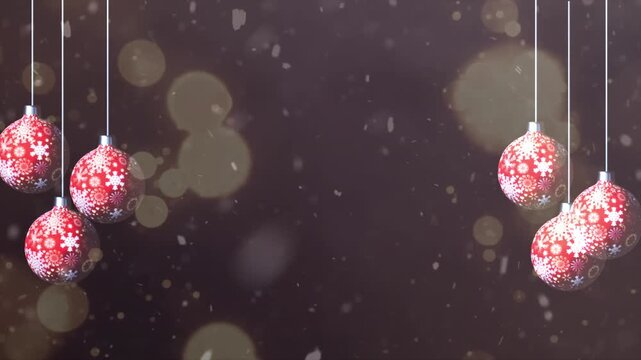 Abstract red and white christmas ball wth bokeh particles, snow fall overlay backdrop background loop smooth animation
