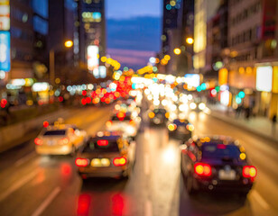 Blurred night cityscape; cars glow, traffic lights gleam