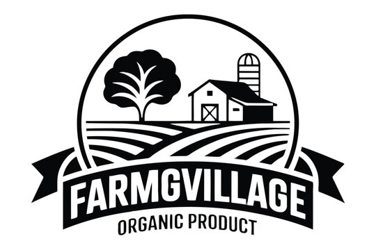 Black and white farm village logo with barn silo tree and fields vector