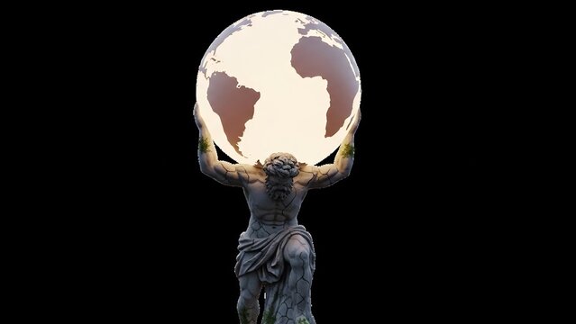 Statue strongly holds the world overhead in dark backdrop