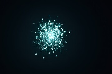 Glowing blue particles form a central explosion against dark