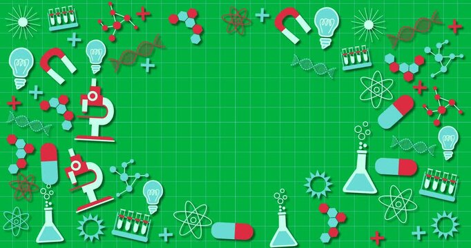 Science concept icons moving against black background