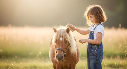 Little child brushing adorable pony in a sunlit field, showcasing a heartwarming pet care concept during golden hour.