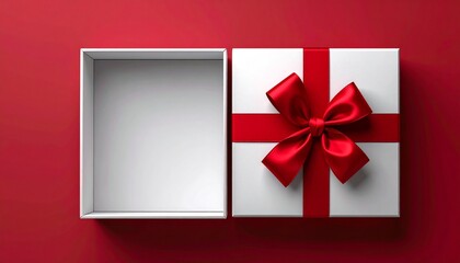 Blank white gift box open or top view of white present box tied with red ribbon bow isolated on dark red background with shadow minimal conceptual 3D rendering object
