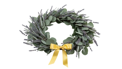Isolated decorative wreath with silver dollar eucalyptus and lavender tied with a yellow bow