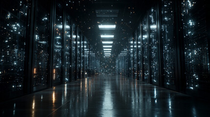 Futuristic server racks in a dark data center, visualizing big data, IoT, and digital traffic flow with glowing VFX for modern technology and information systems.
