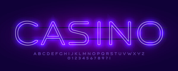 Glow Neon Font Logo Alphabet Vector Light Effect Letters Set Modern Typography, Violet Glowing Typographic Design for Title Text, Typo Poster Headline, Led Contour Sans Serif Fonts. Vector Typeface