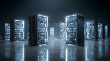 Futuristic server racks in a dark data center, visualizing big data, IoT, and digital traffic flow with glowing VFX for modern technology and information systems.