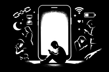 People engrossed in smartphones, symbolizing digital addiction and isolation