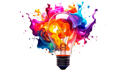 Abstract light bulb made of colourful fluid shapes, isolated on transparent background, creativity and innovation concept, PNG