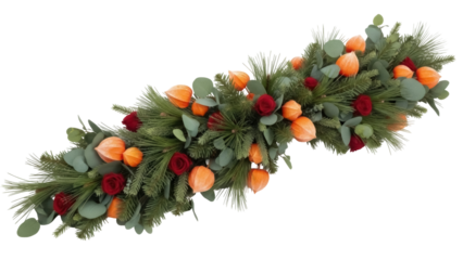 Isolated table centerpiece arrangement with winter greens, orange lanterns, red roses floral