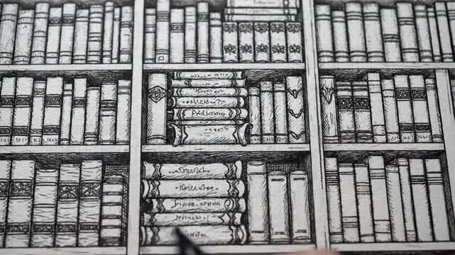 A detailed sketch of two bookshelves being drawn with a pen on textured paper