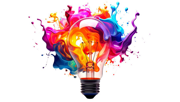 Abstract light bulb made of colourful fluid shapes, isolated on transparent background, creativity and innovation concept, PNG