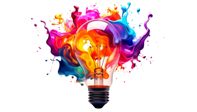 Abstract light bulb made of colourful fluid shapes, isolated on transparent background, creativity and innovation concept, PNG - Powered by Adobe
