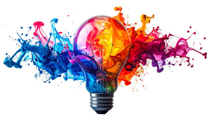 Abstract light bulb made of colourful fluid shapes, isolated on transparent background, creativity and innovation concept