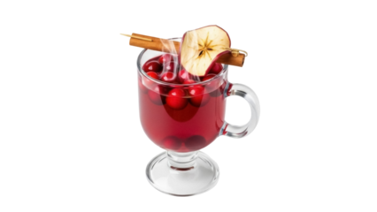 Isolated glass goblet with mulled wine, cranberries, apple slice, and cinnamon stick for holiday