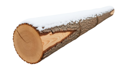 Isolated tree trunk fallen timber log with snow on top in winter, detail of growth rings