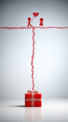 Valentine's Day gift of love with a couple walking towards each other. A red gift box is connected to a couple with a heart balloon, perfect for expressing love and affection