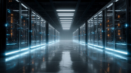 Futuristic server racks in a dark data center, visualizing big data, IoT, and digital traffic flow with glowing VFX for modern technology and information systems.