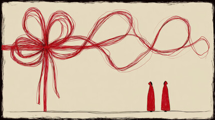 Artistic illustration of a gift with a red ribbon and two figures. This unique artwork is perfect for Valentine's Day, March 8, or any occasion celebrating love and affection