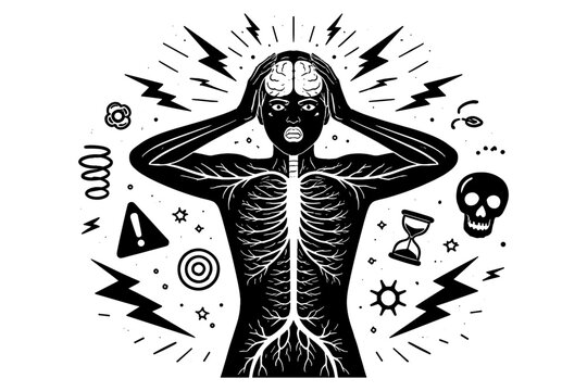 Person with hands on head, showing nervous system and radiating stress symbols