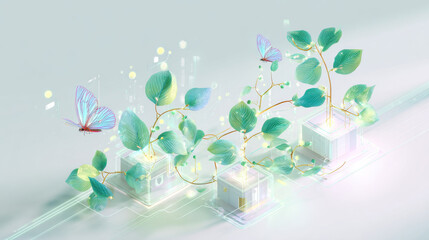 Abstract digital art of butterflies, leaves, and glowing geometric shapes. This image features a surreal composition of nature and technology, with butterflies and leaves