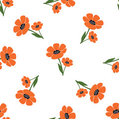 Seamless Orange Flower Pattern in Flat Vector Style, for textiles, fabric printing, wrapping paper, etc.