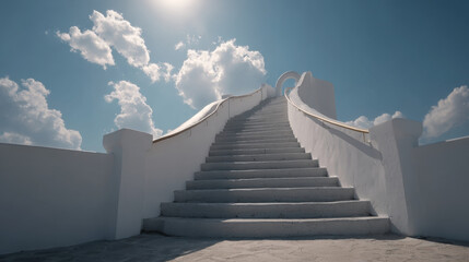 Ascending Staircase Reaching Towards Heaven with a Bright Blue Sky and Clouds. This image depicts a symbolic journey towards enlightenment and spiritual ascension, evoking themes of faith and hope