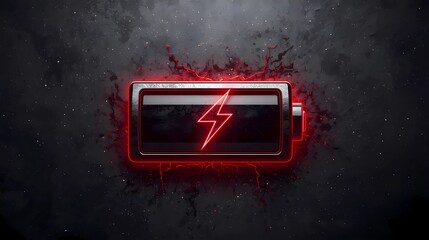 A stylized, metallic battery icon with a glowing red lightning bolt at its center. It sits against a dark, gritty background featuring dramatic red energy splatters and neon outlines.