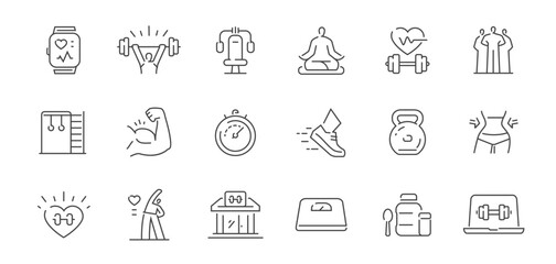 Gym and fitness icon set. Healthy lifestyle, weight training, body care and workout concept. Sports symbols and signs