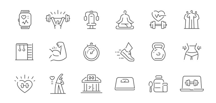 Gym and fitness icon set. Healthy lifestyle, weight training, body care and workout concept. Sports symbols and signs