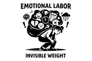 Obraz premium Woman carrying heavy bag of emotional labor and invisible weight, symbolizing stress