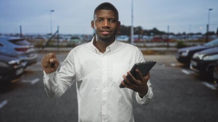 Man holding tablet holds up five fingers in a street parking lot while smiling and counting; confidence greeting.