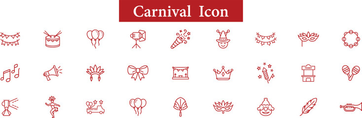 Set of red line icons representing carnival and festival elements masks, music notes, crowns, confetti, feathers, and more