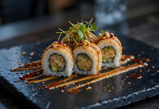Exquisite sushi rolls beautifully presented on a dark slate plate with savory sauce. musubi