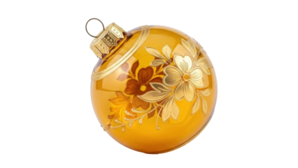 Isolated golden Christmas ball ornament with decorative flower pattern for the holidays