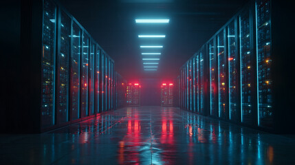 Futuristic server racks in a dark data center, visualizing big data, IoT, and digital traffic flow with glowing VFX for modern technology and information systems.