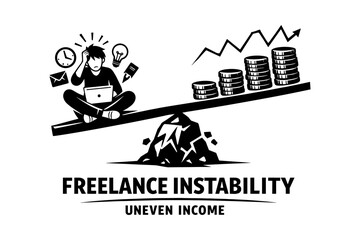 Fototapeta premium Freelance instability and uneven income illustrated by a seesaw with coins and a stressed person