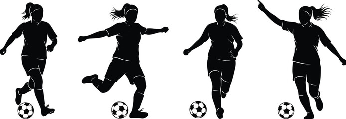 Silhouette of a female soccer player in various motions