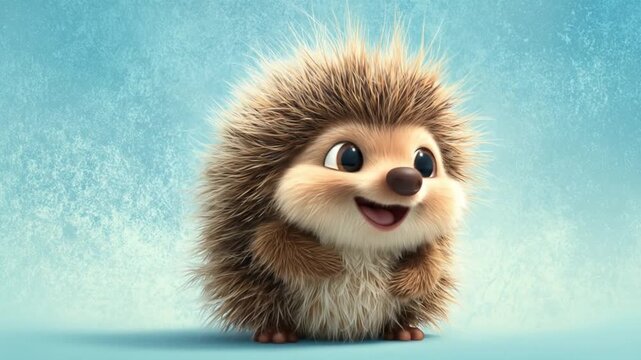 Adorable baby hedgehog with fluffy brown fur, big eyes, and a cheerful smile, against frosty blue!!!