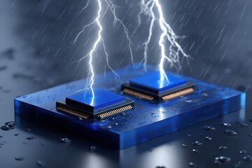 Abstract Digital Artwork of Electronic Components and Lightning Bolts with Rain Effect on Dark Background