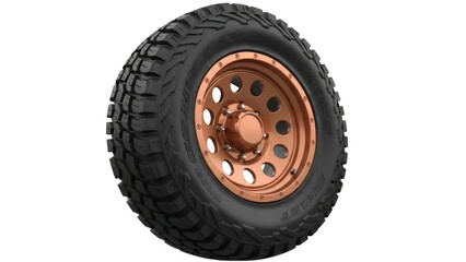 Isolated mud terrain tire with bronze wheel ready for off-road adventures and custom trucks © Isolde
