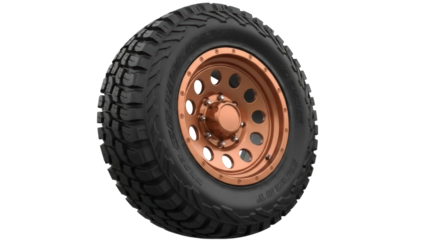 Isolated mud terrain tire with bronze wheel ready for off-road adventures and custom trucks